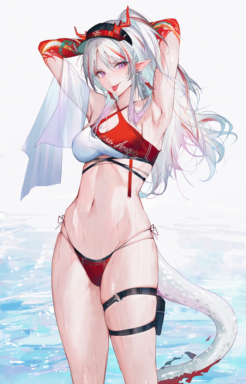 arknights bikini garter horns nian_(arknights) pointy_ears qiandaiyiyu swimsuits tail