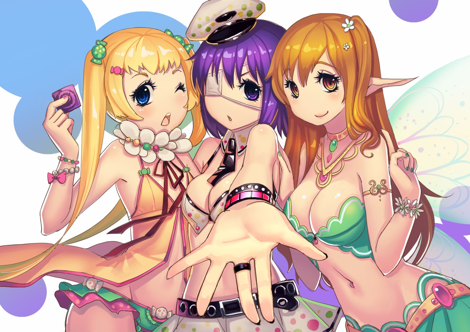 bikini_top chuunibyou_demo_koi_ga_shitai! cleavage dekomori_sanae elf eyepatch fiodo nibutani_shinka pointy_ears swimsuits takanashi_rikka