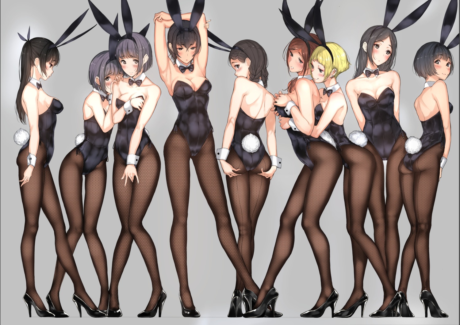 animal_ears ass breast_grab bunny_ears bunny_girl cleavage fishnets heels no_bra pantyhose tail tsukino_wagamo yuri