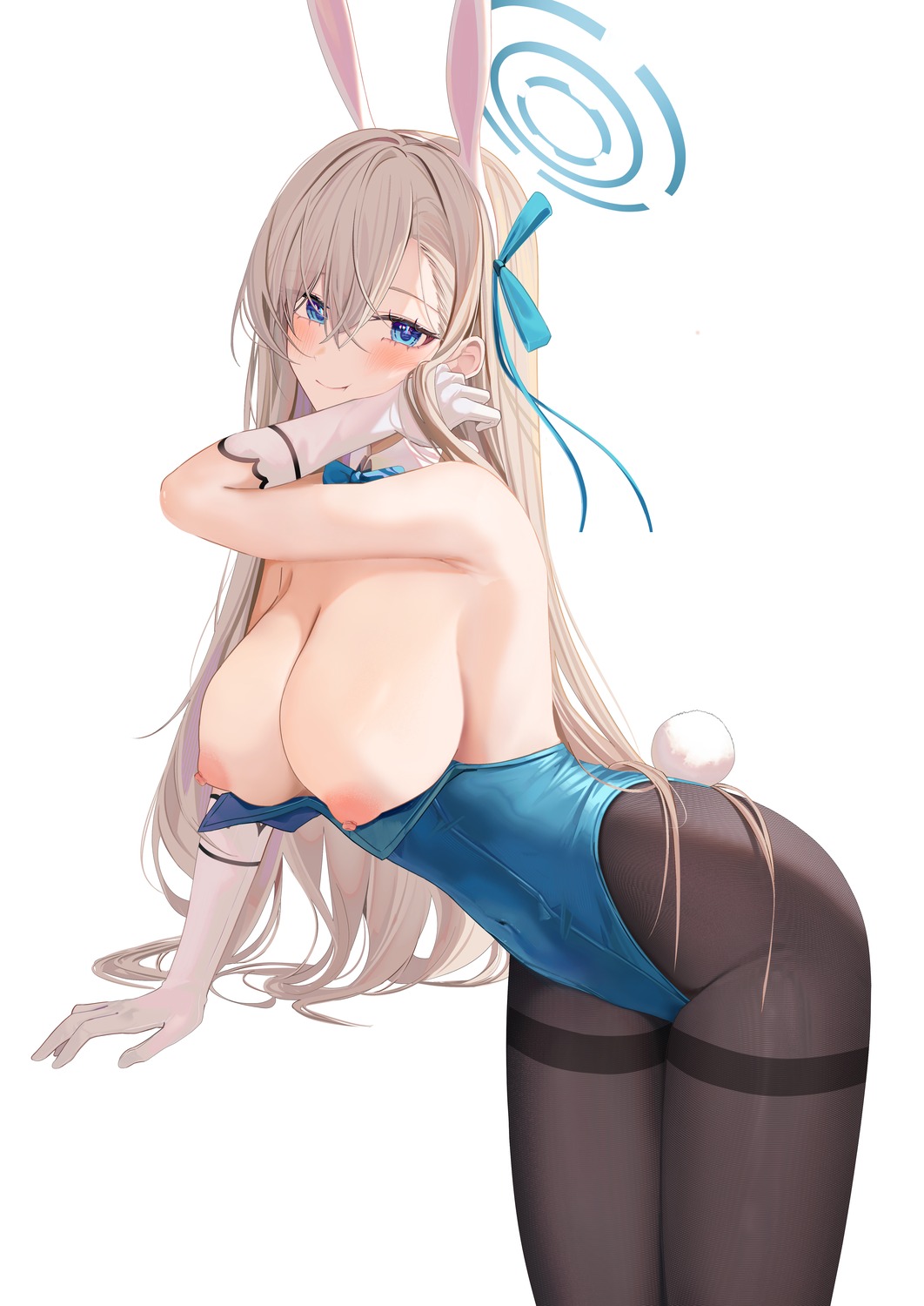 animal_ears blue_archive bunny_ears bunny_girl halo ichinose_asuna nipples no_bra pantyhose ru_zhai tail