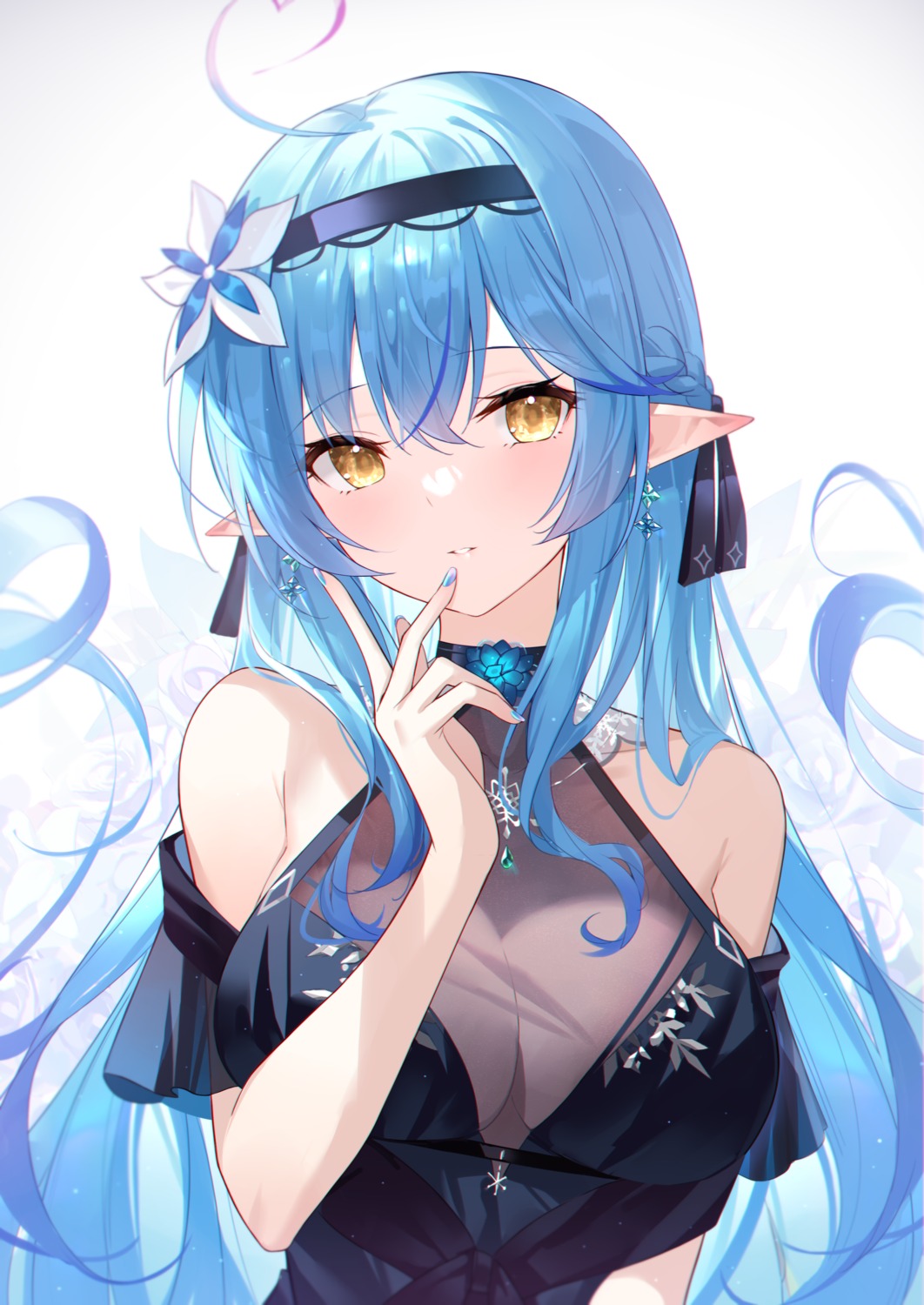 black_fire elf hololive no_bra pointy_ears see_through yukihana_lamy