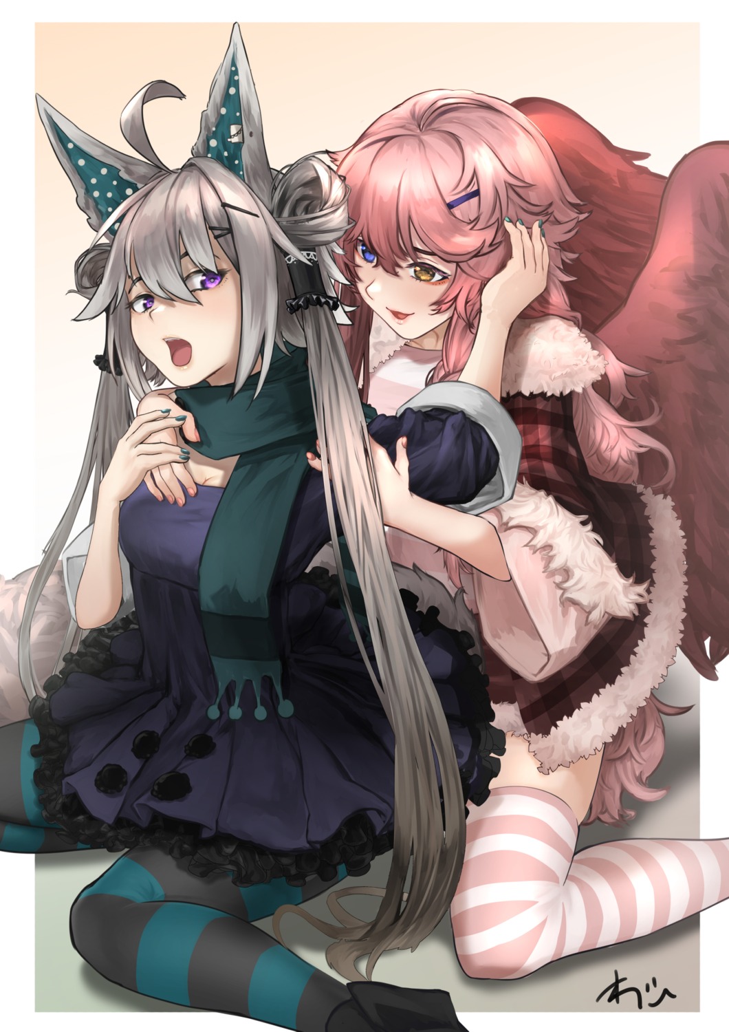 animal_ears dress heterochromia olgn_eao tail thighhighs wings yuri