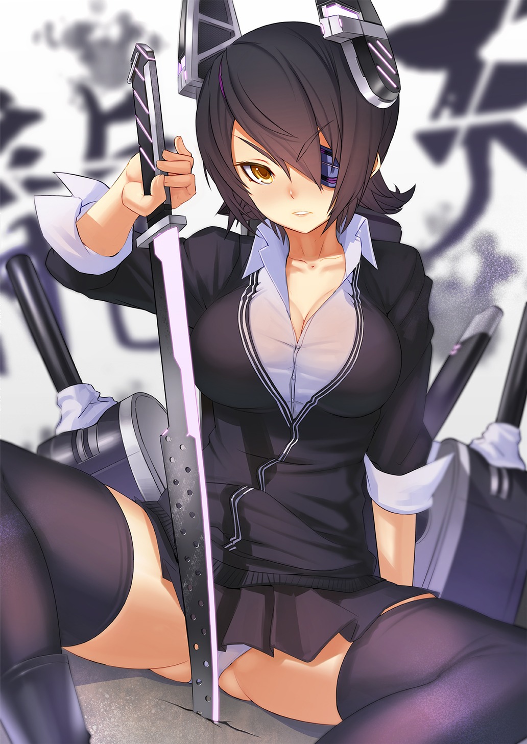 cleavage eyepatch kantai_collection pantsu satori0121 sword tenryuu_(kancolle) thighhighs