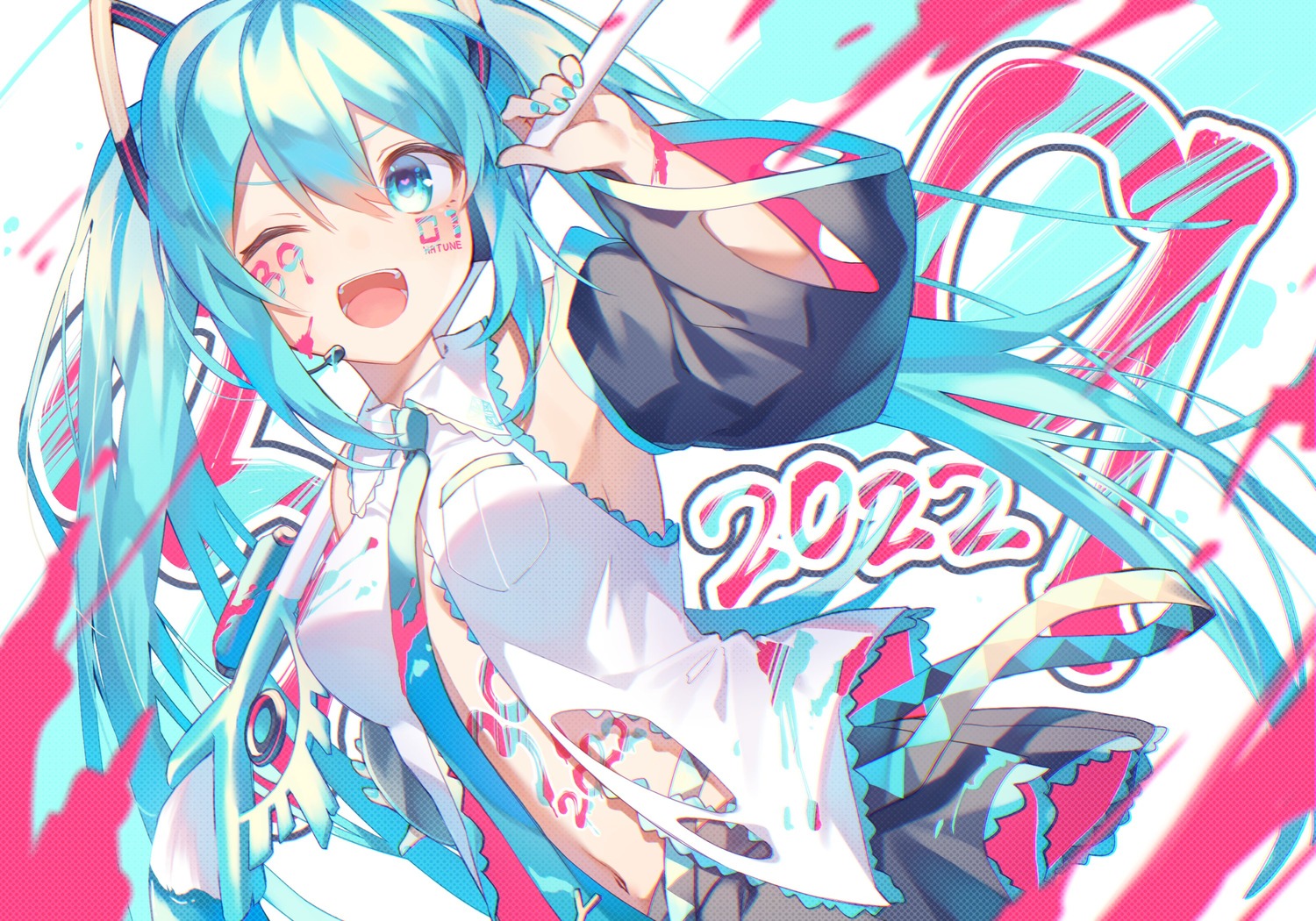 hatsune_miku kurobikari no_bra open_shirt tattoo torn_clothes vocaloid