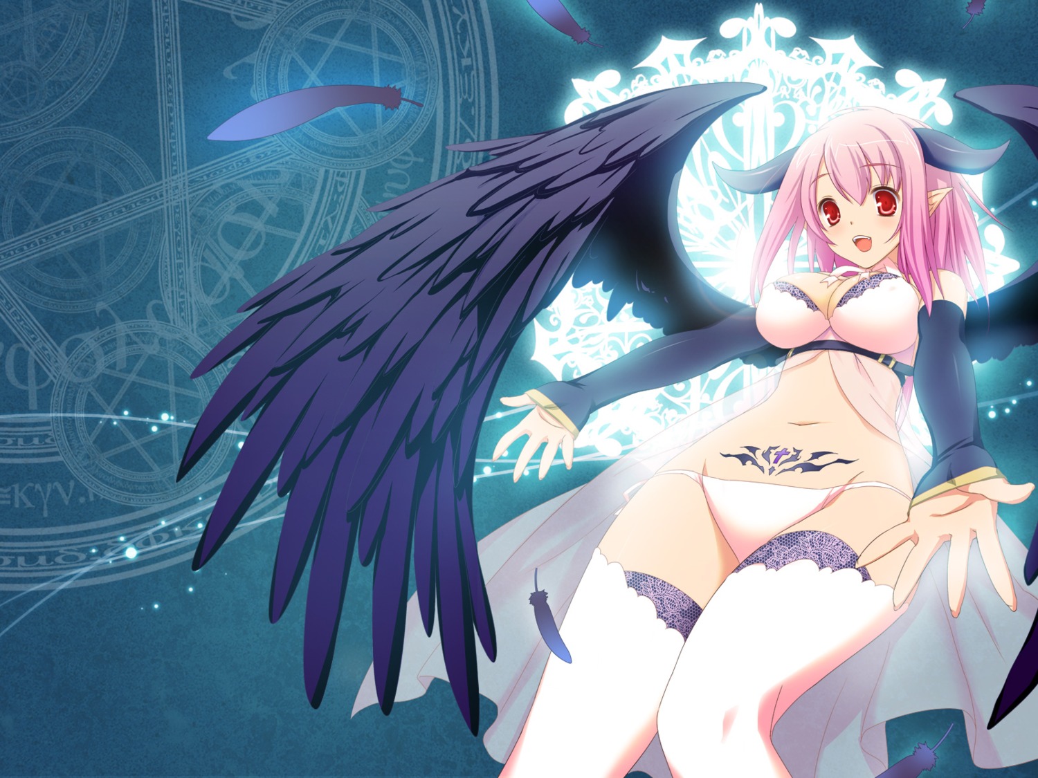 47agdragon bra cleavage devil horns pantsu thighhighs wallpaper wings