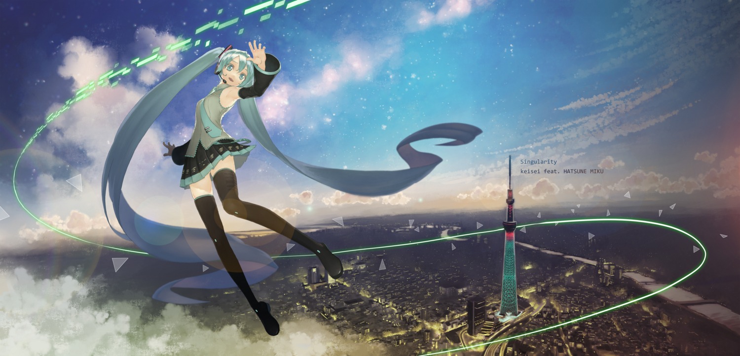 hatsune_miku headphones rsk_(tbhono) skirt_lift thighhighs vocaloid