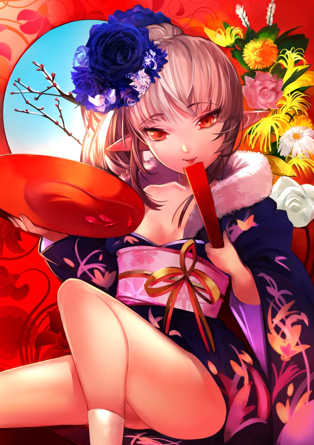 kimono no_bra open_shirt pointy_ears tahnya