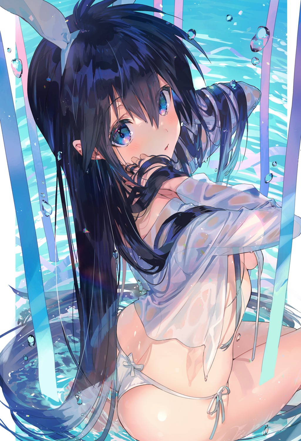 animal_ears ass bikini bunny_ears mimoza open_shirt see_through swimsuits thong wardrobe_malfunction wet wet_clothes