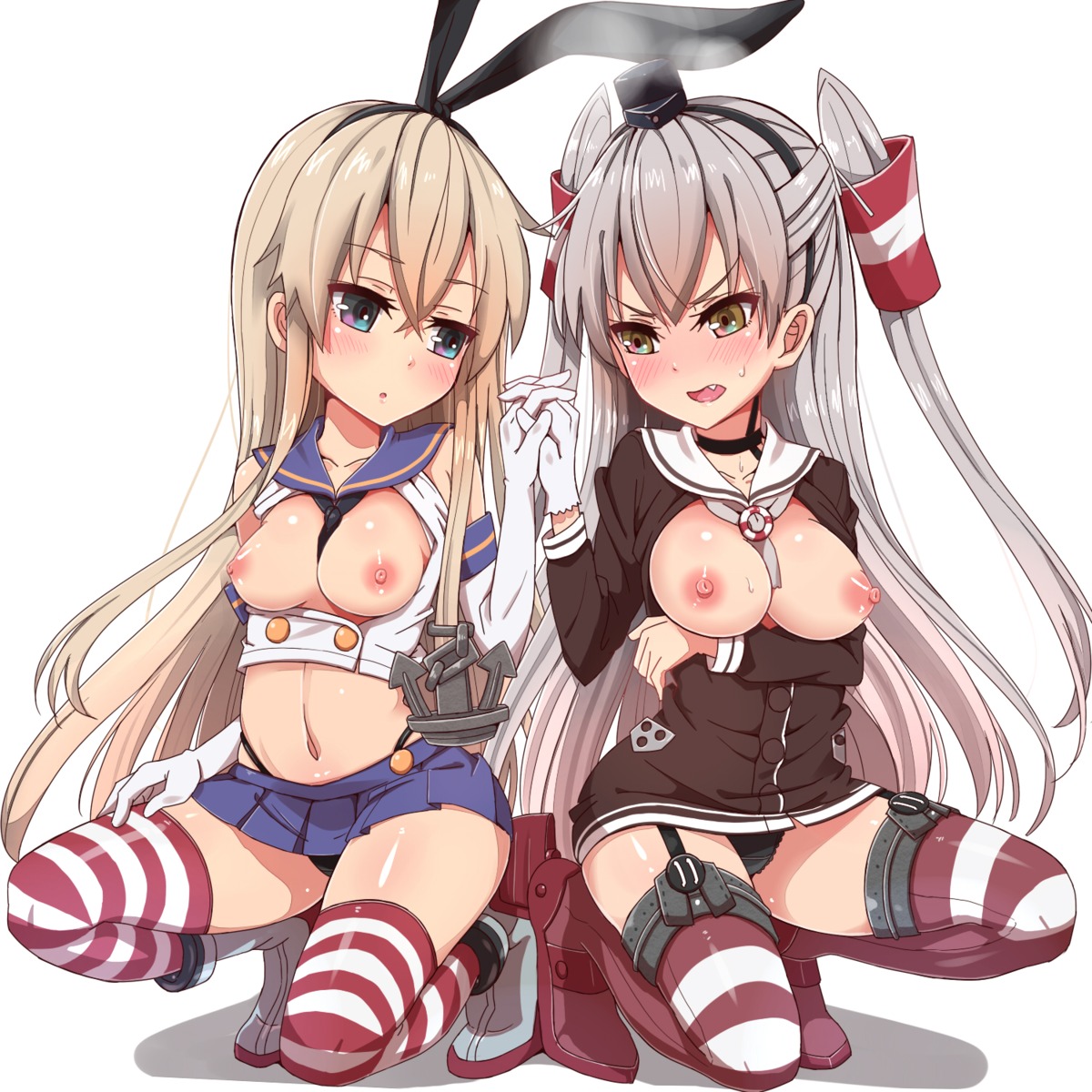 amatsukaze_(kancolle) breast_hold breasts kantai_collection nipples no_bra open_shirt pantsu s_sasaki_09140 shimakaze_(kancolle) stockings thighhighs thong