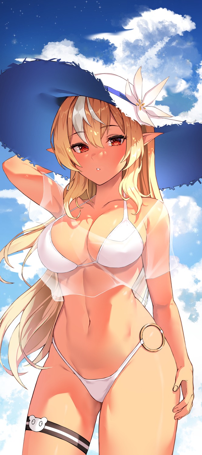 bikini garter hololive lessthanone pointy_ears see_through shiranui_flare swimsuits