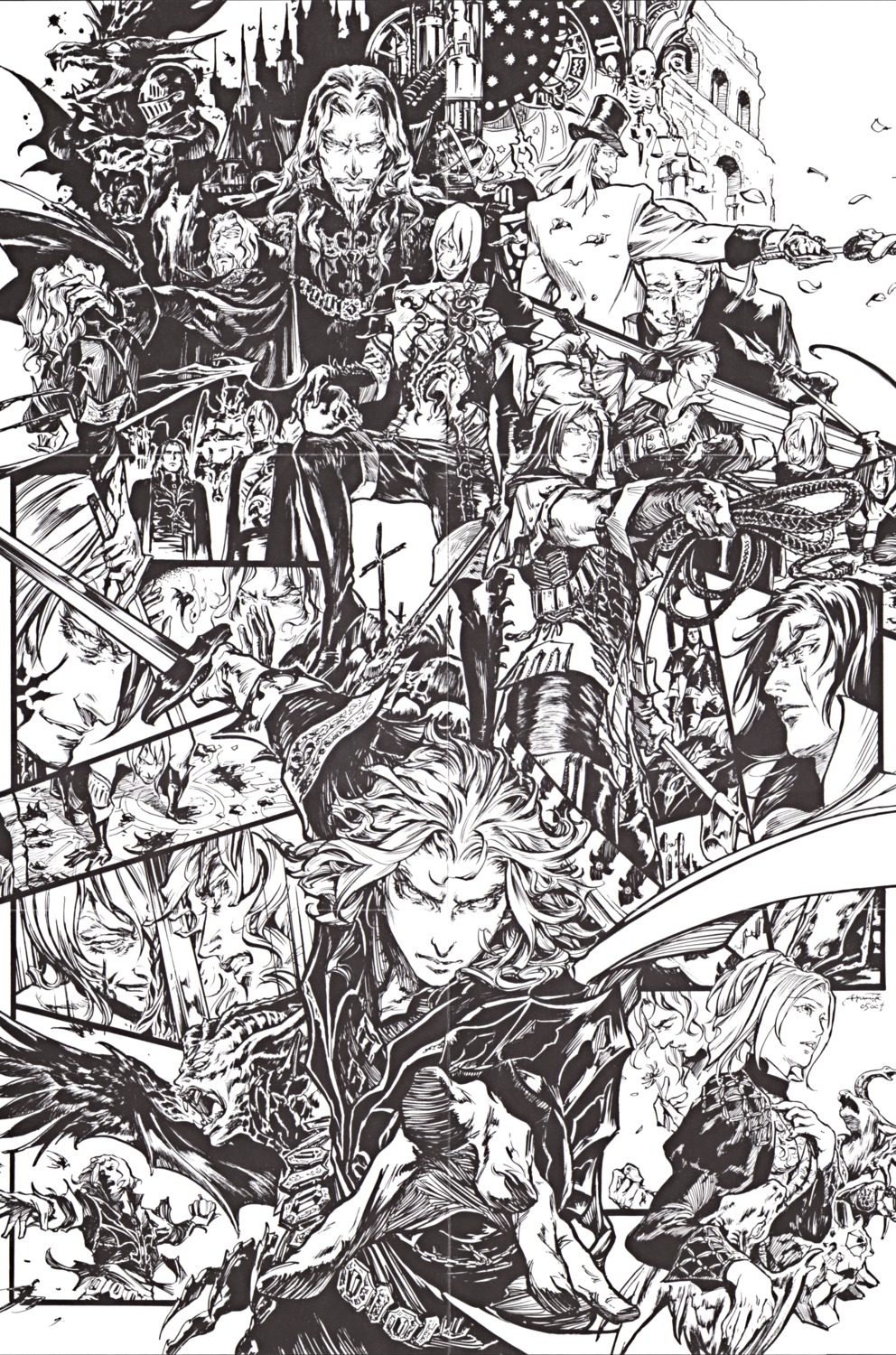 castlevania castlevania:_curse_of_darkness crease dracula hector isaac julia_laforeze kojima_ayami konami monochrome richter_belmont saint_germain sword the_end trevor_belmont weapon zead