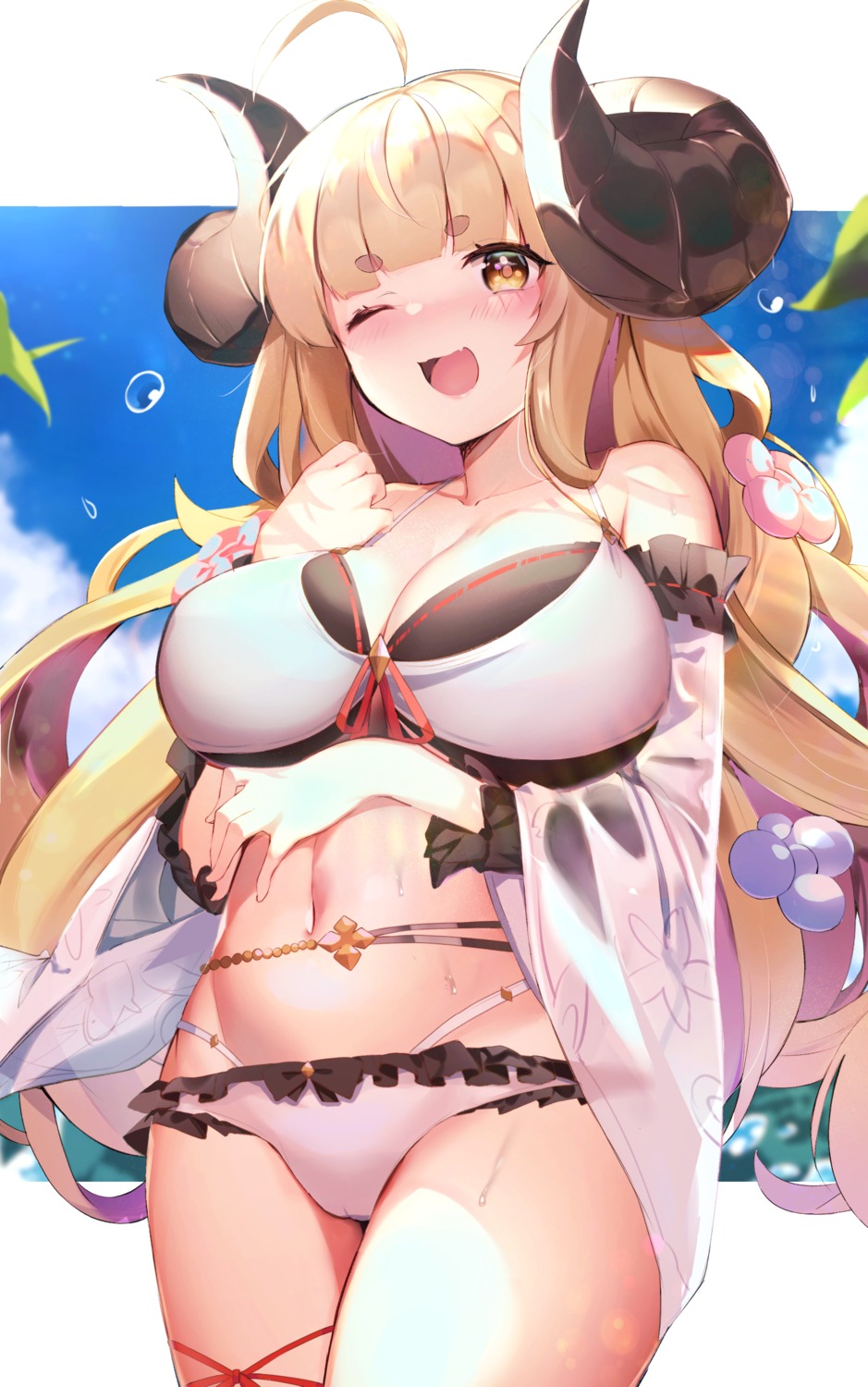 anila_(granblue_fantasy) bikini breast_hold cameltoe cleavage fantongjun garter granblue_fantasy horns open_shirt see_through swimsuits