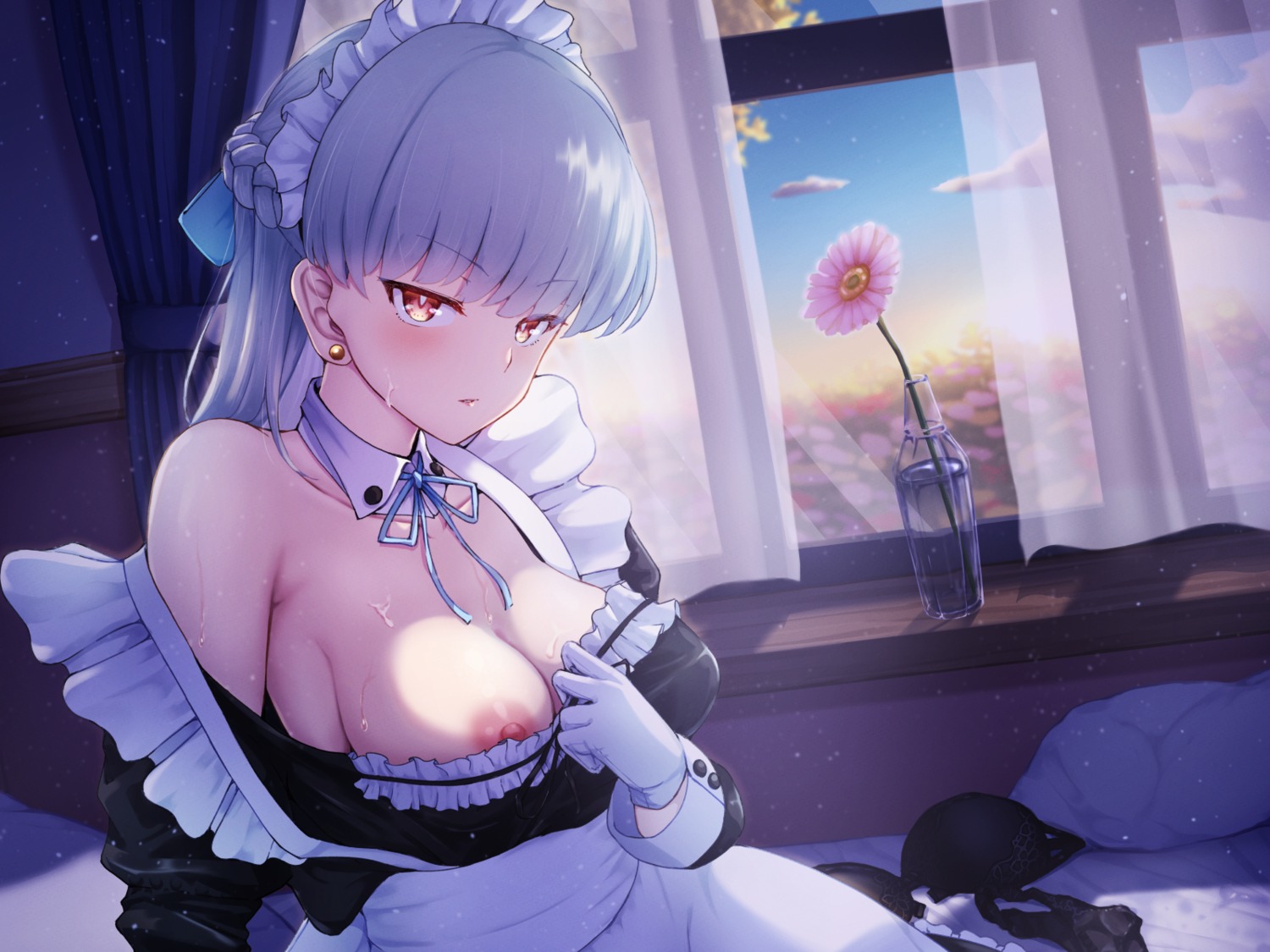 bra breasts m-bon_(karakuriyudo) maid nipple_slip no_bra undressing wallpaper wet