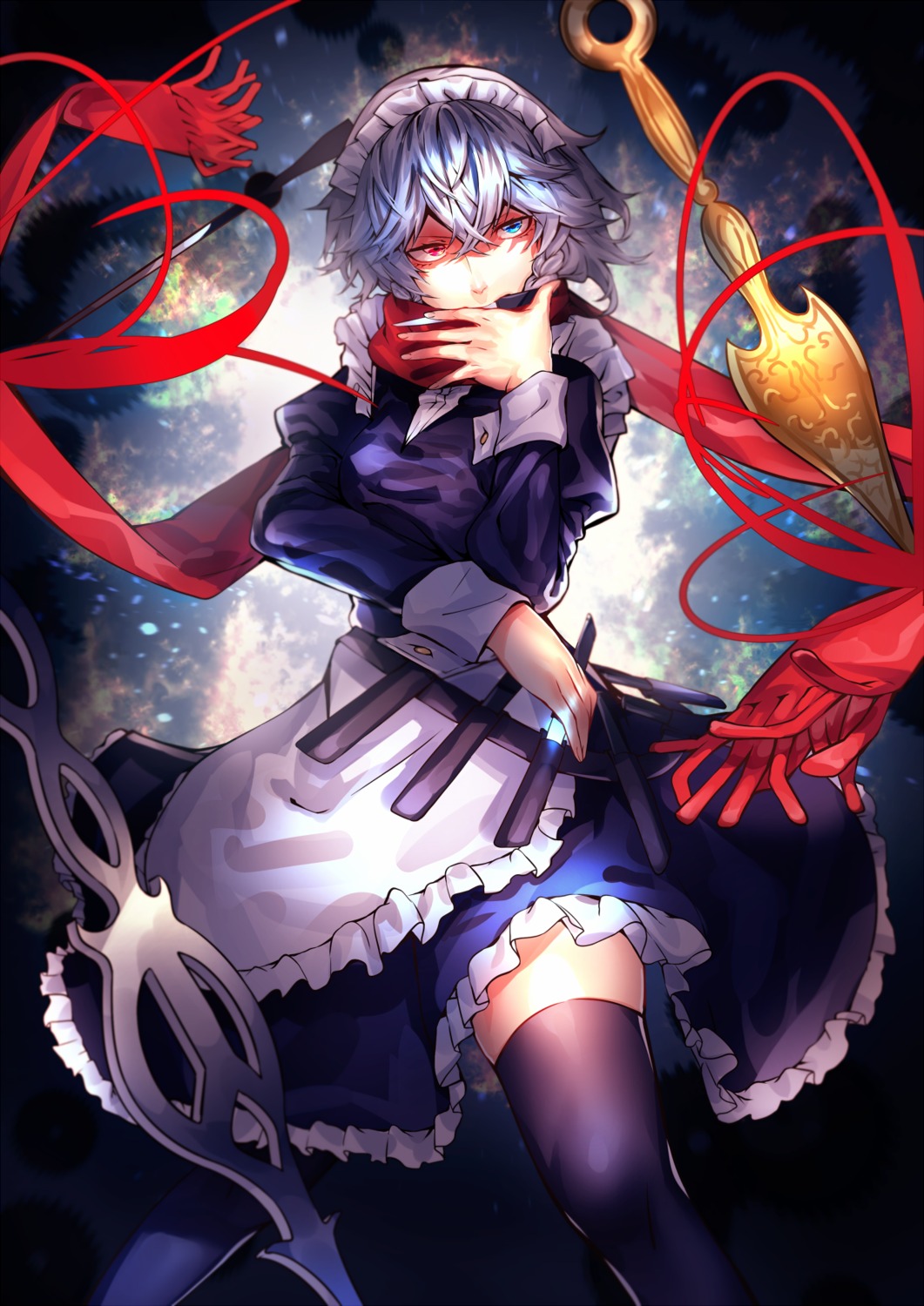 izayoi_sakuya maid thighhighs touhou u_u_zan weapon