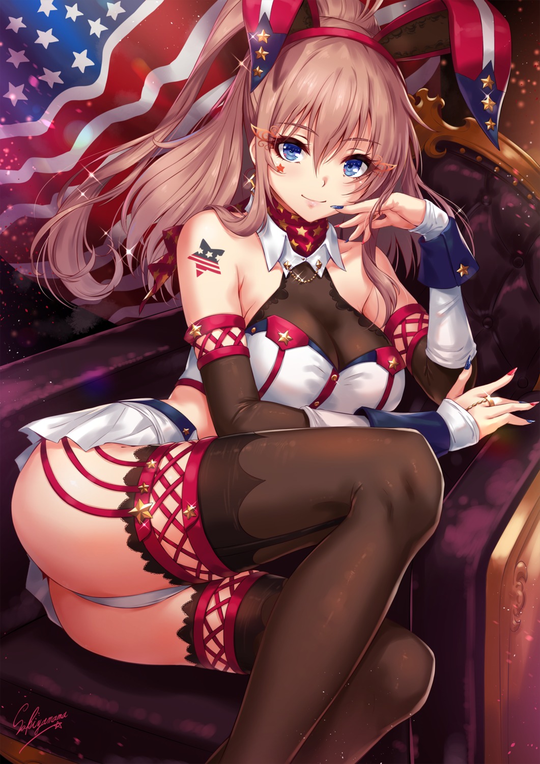 animal_ears bunny_ears kantai_collection no_bra pantsu sakiyamama saratoga_(kancolle) see_through skirt_lift stockings tattoo thighhighs thong