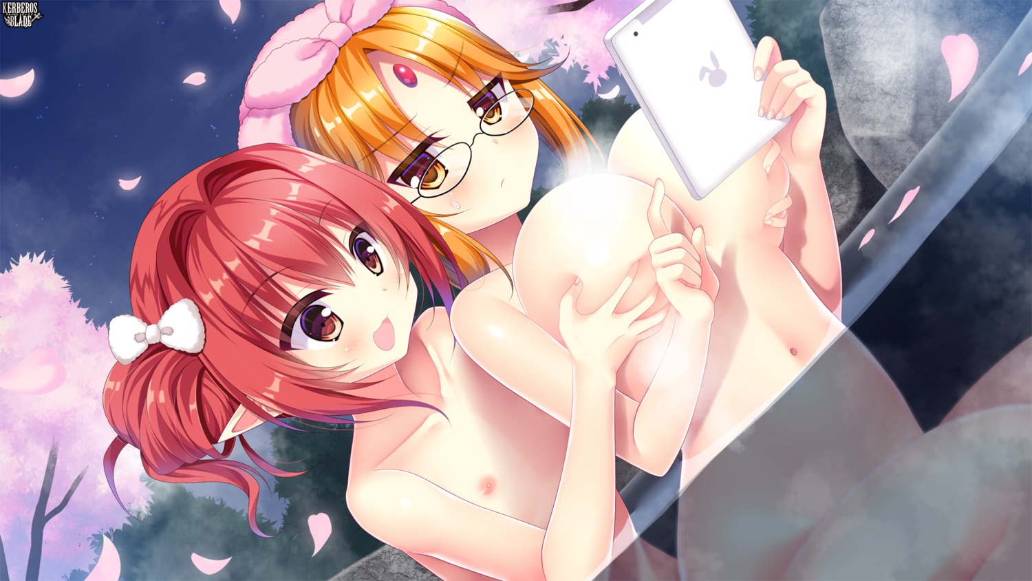 bathing breast_grab censored kerberos_blade loli megane naked nipples onsen pointy_ears wallpaper wet yuri yuyumatsu