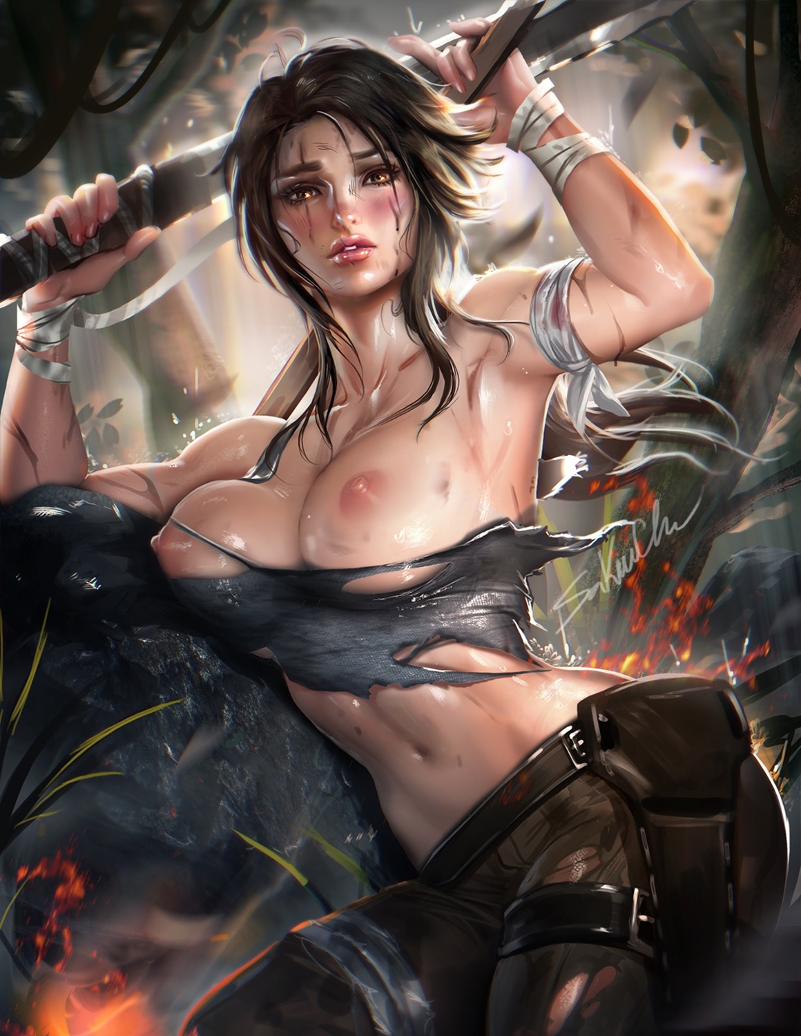bandages blood breasts lara_croft nipples no_bra sakimichan sword tomb_raider torn_clothes weapon