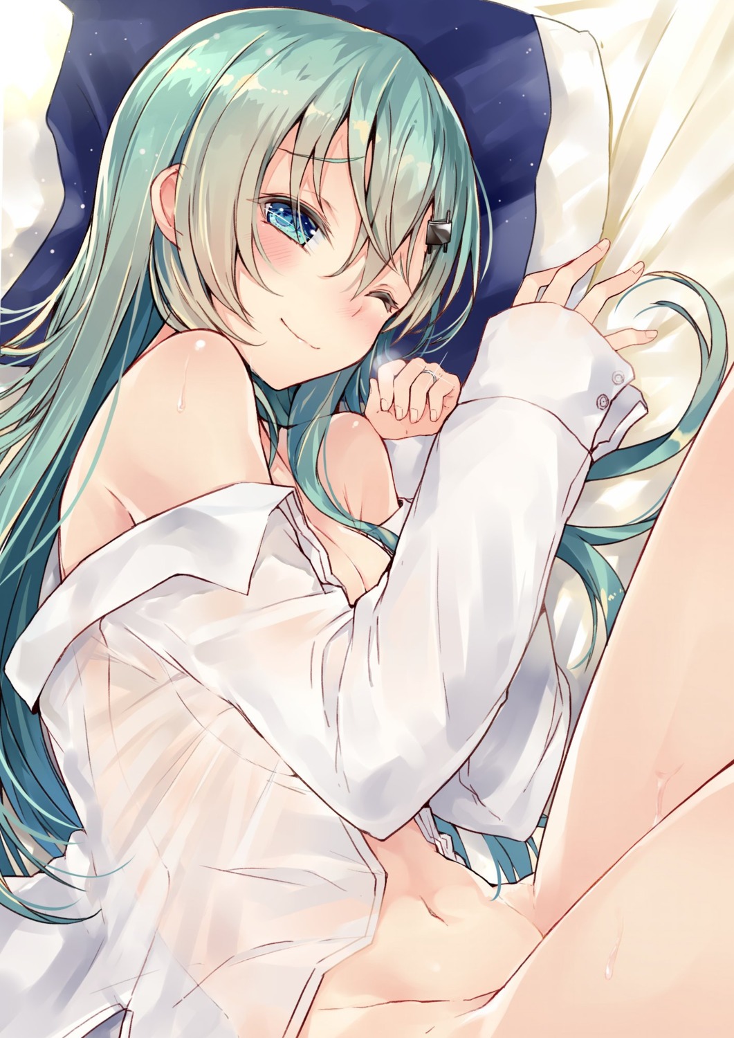 bottomless dress_shirt kantai_collection kou_mashiro no_bra open_shirt see_through suzuya_(kancolle)