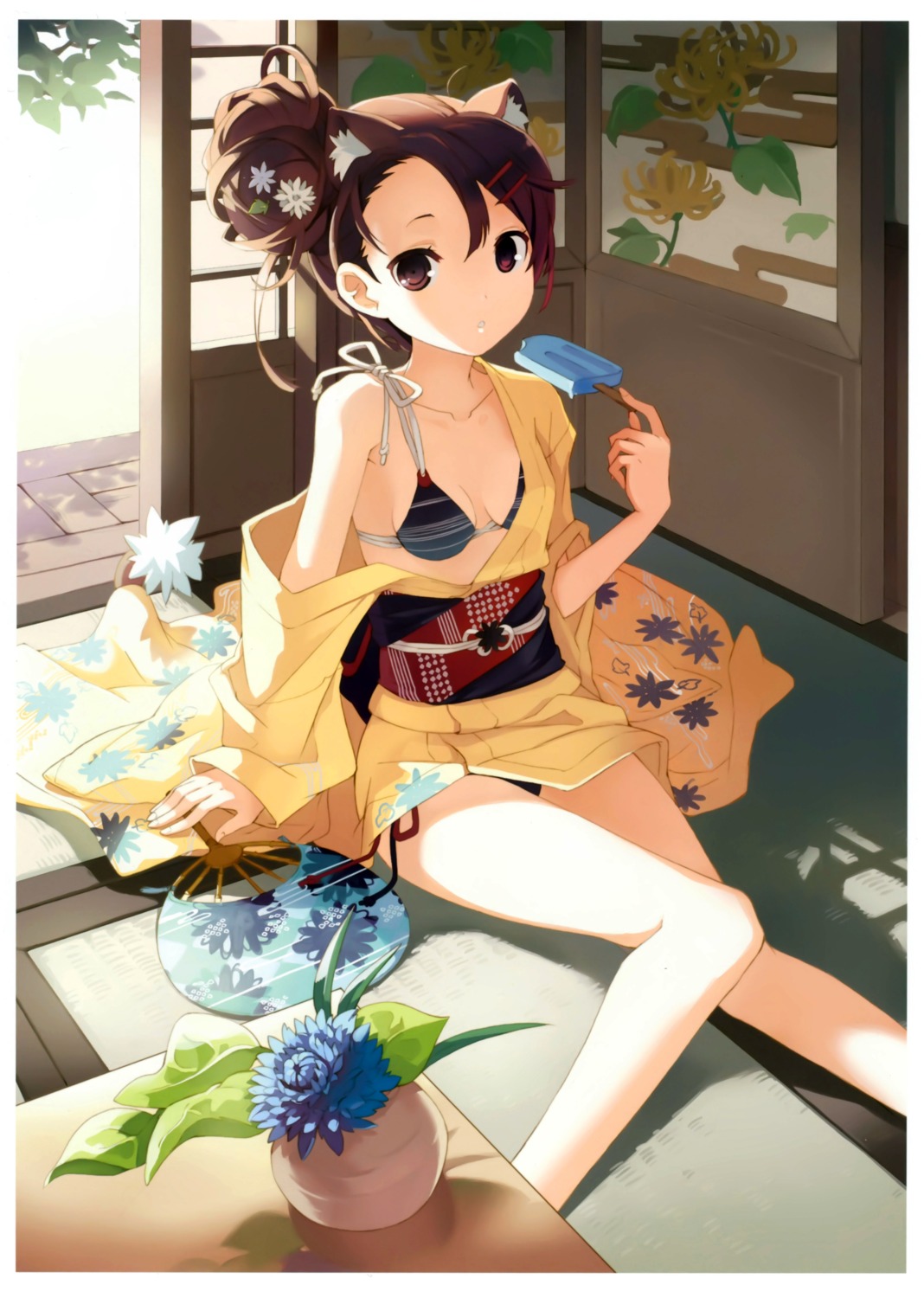 animal_ears bikini cleavage h2so4 nekomimi swimsuits tail toranoana yukata