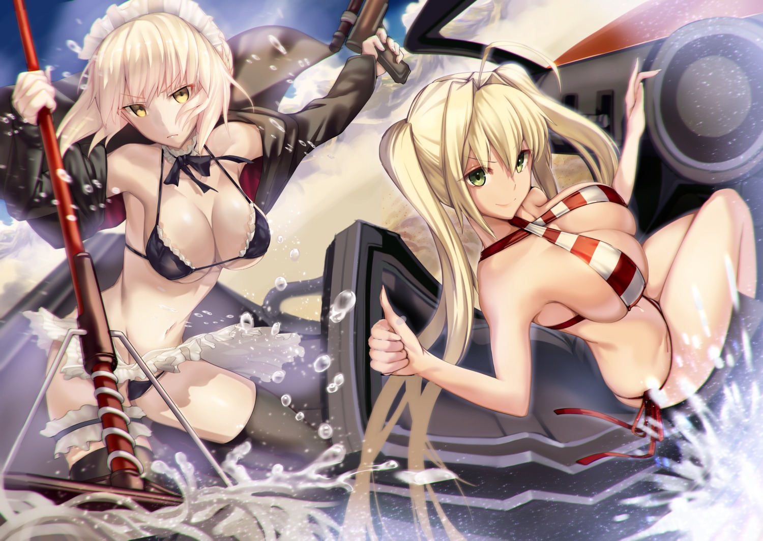 armadillo bikini fate/grand_order garter renji saber saber_alter saber_extra skirt_lift swimsuits thighhighs