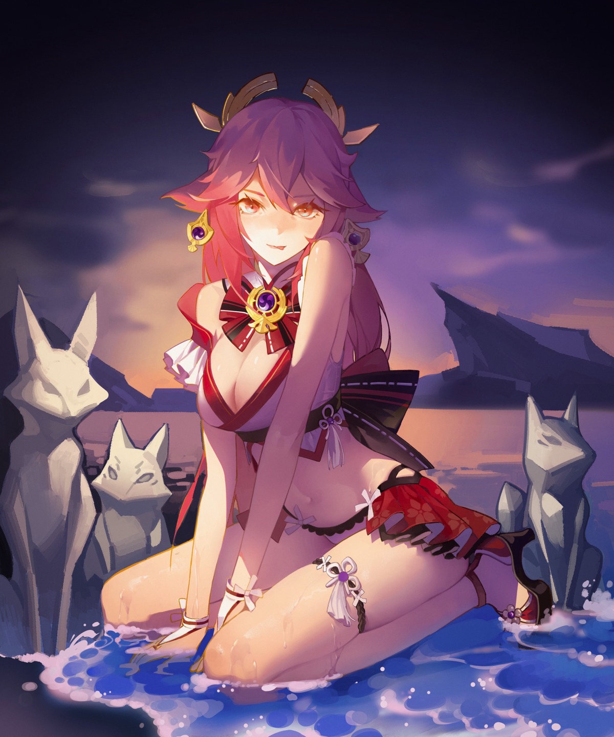 animal_ears badao_zhu_ge bikini garter genshin_impact heels kitsune swimsuits wet yae_miko