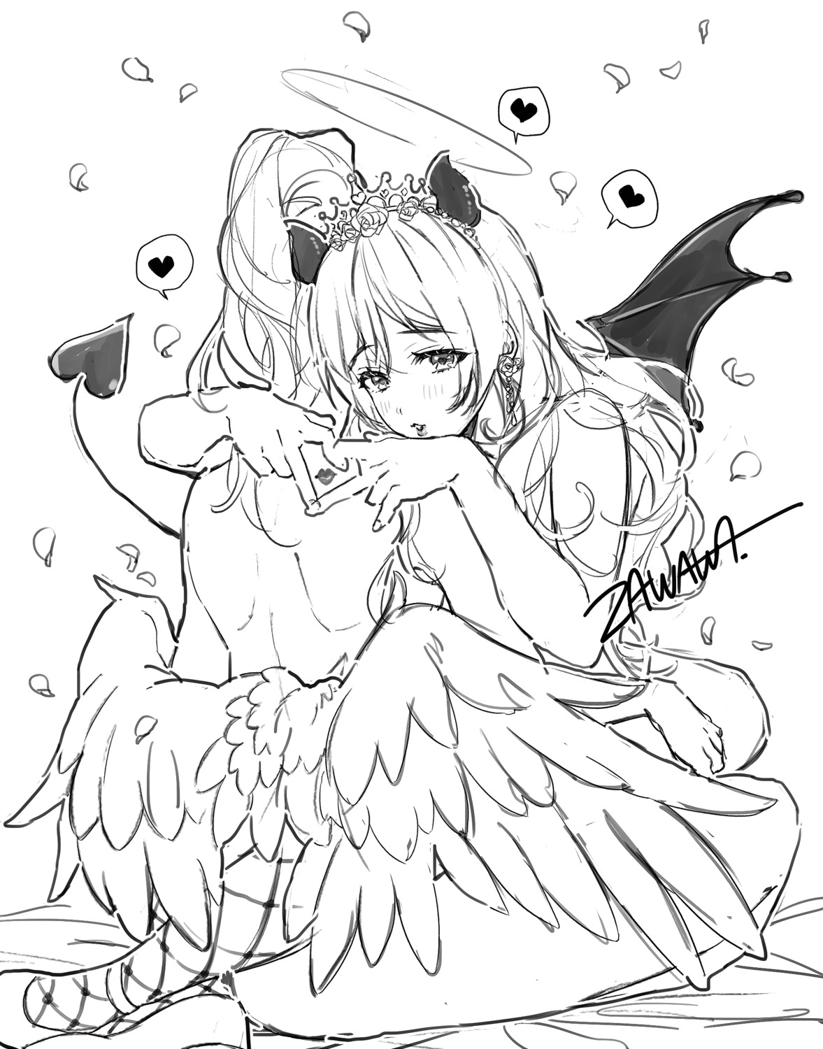 angel ayase_eli devil horns love_live! monochrome sketch tail toujou_nozomi wings yuri zawawa_(satoukibi1108)