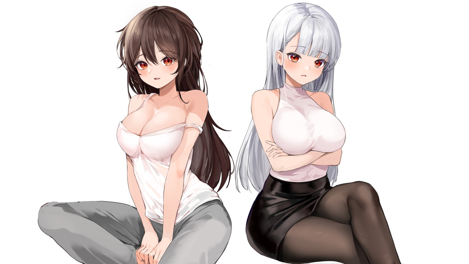 breast_hold cleavage lillly no_bra pantyhose skirt_lift wallpaper