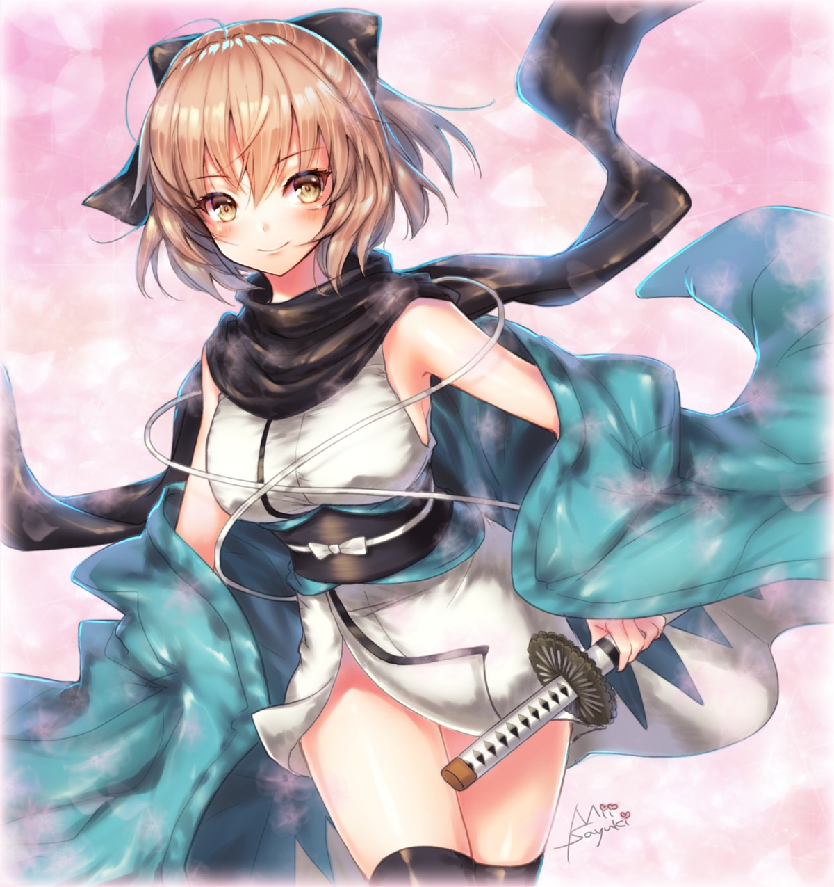 fate/grand_order japanese_clothes mii@chiffonx okita_souji_(fate) open_shirt sword thighhighs