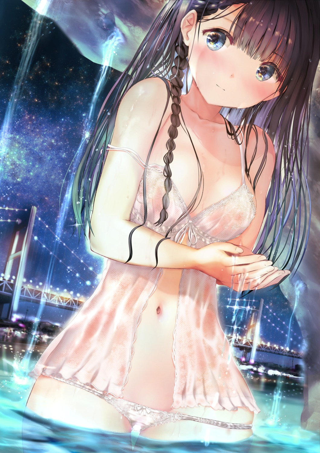 lingerie nipples ogata_tei pantsu panty_pull see_through wet wet_clothes