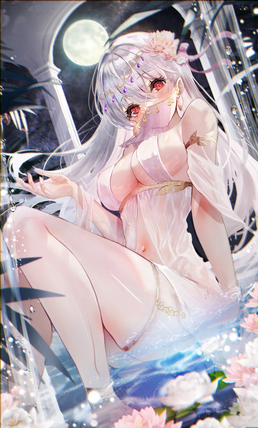 chiachun0621 dress fate/grand_order garter kama_(fate/grand_order) no_bra see_through wet