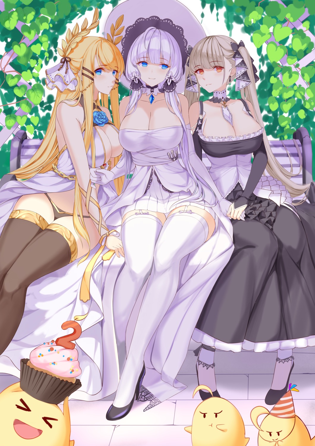 azur_lane bizure cleavage dress formidable_(azur_lane) gothic_lolita heels illustrious_(azur_lane) lolita_fashion manjuu_(azur_lane) no_bra pantsu stockings thighhighs victorious_(azur_lane) yuri