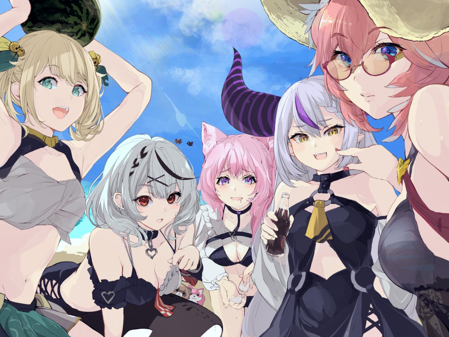 animal_ears bikini cleavage devil hakui_koyori hololive horns kazama_iroha la+_darknesss megane pointy_ears sakamata_chloe swimsuits takane_lui torn_flipper wings