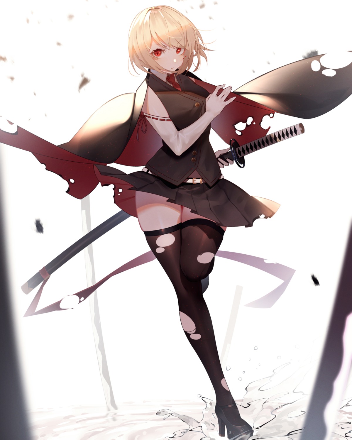 heels kisui skirt_lift sword thighhighs torn_clothes