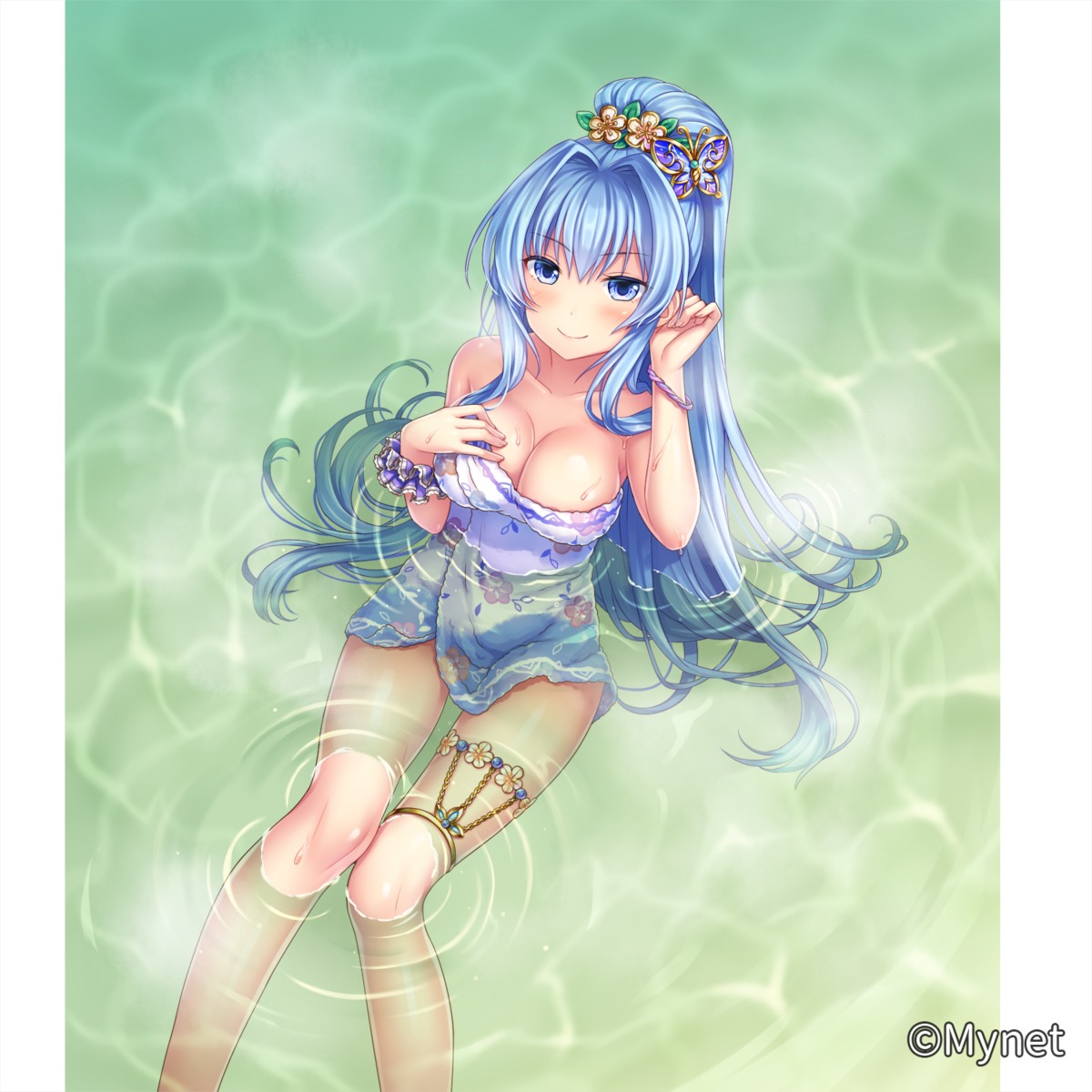 bathing breast_hold cleavage garter otosume_ruiko sangoku_infinity towel wet