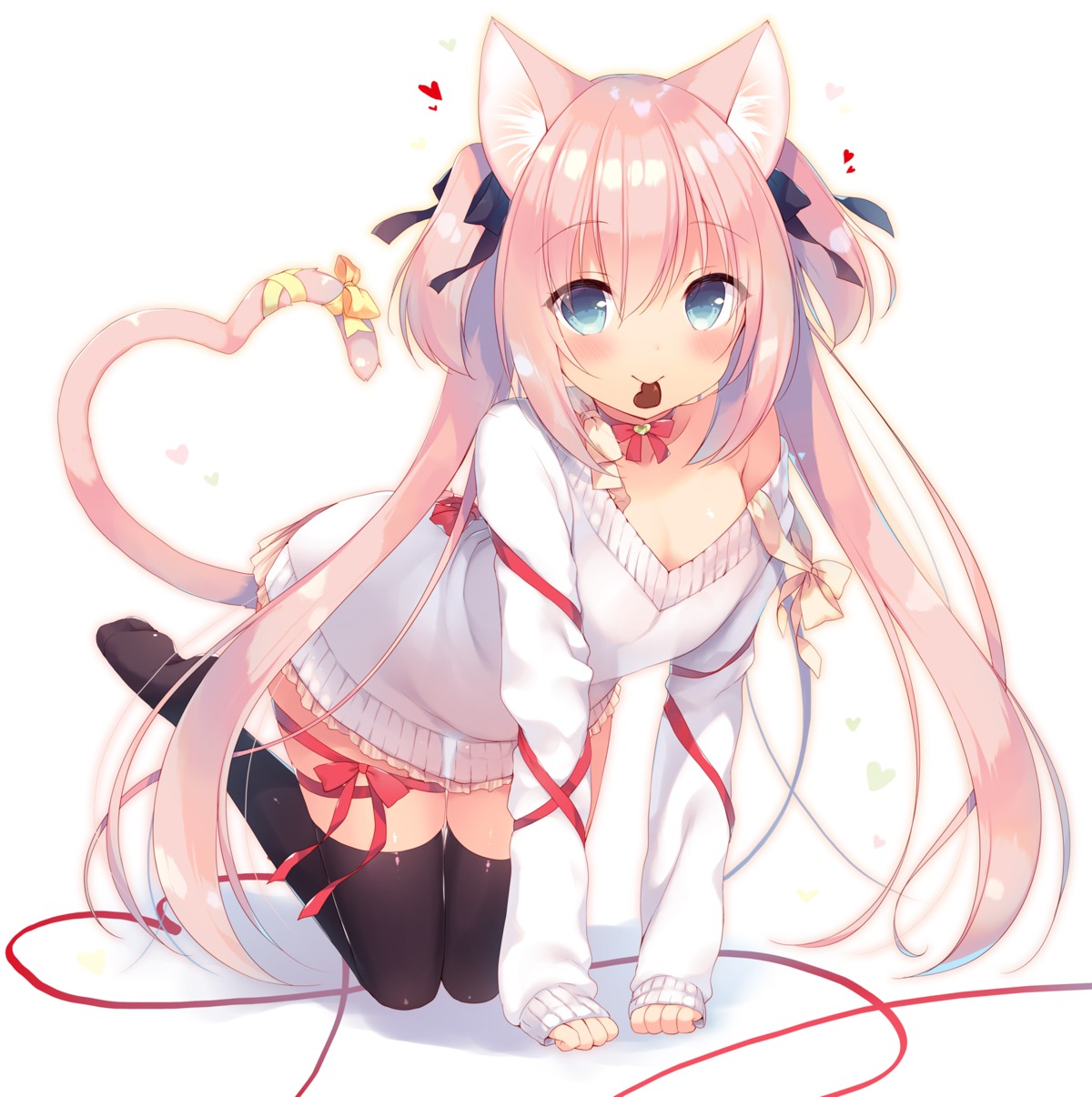 23.4° animal_ears boku_no_risou_no_isekai_seikatsu cleavage ichiri misia_(ichiri) nekomimi no_bra see_through sweater tail thighhighs valentine