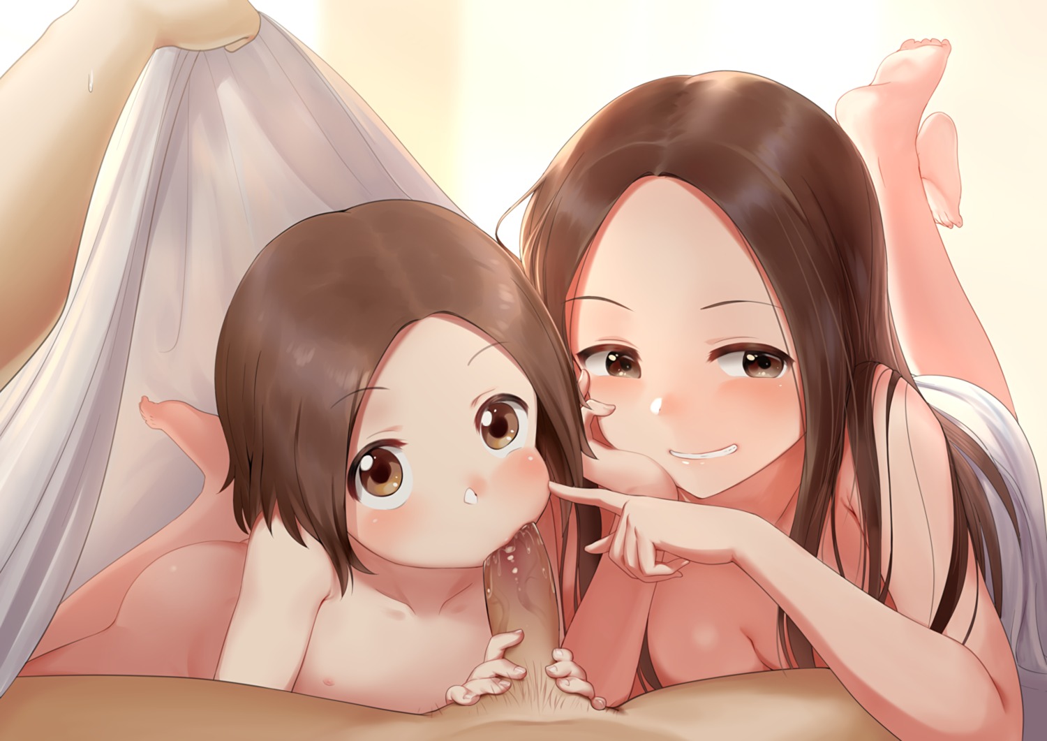 babu fellatio karakai_jouzu_no_(moto)_takagi-san karakai_jouzu_no_takagi-san loli naked nipples nishikata_chii penis sheets takagi-san uncensored