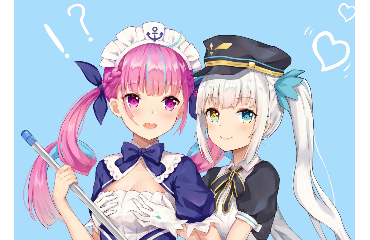 breast_hold cleavage crossover heterochromia hololive kagura_mea kagura_mea_channel kizuna maid minato_aqua uniform yuri