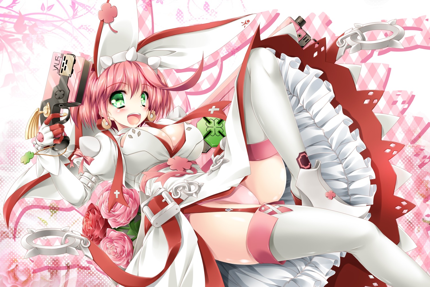 animal_ears bunny_ears cleavage elphelt_valentine guilty_gear_xrd gun heels kamiya_tomoe pantsu stockings thighhighs