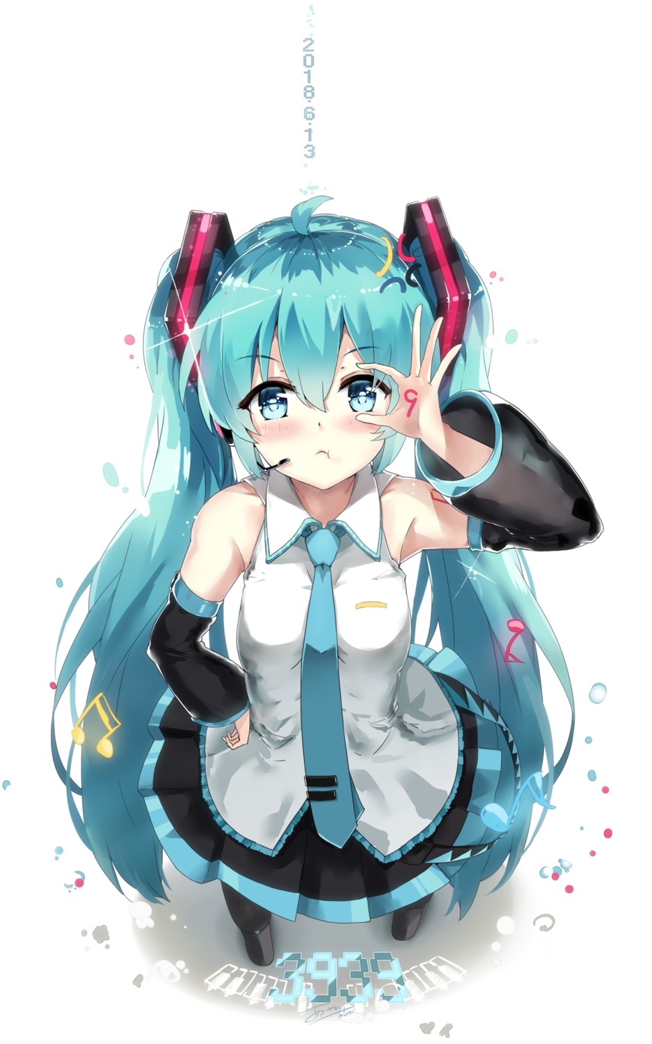 asahi_kuroi hatsune_miku headphones tattoo vocaloid