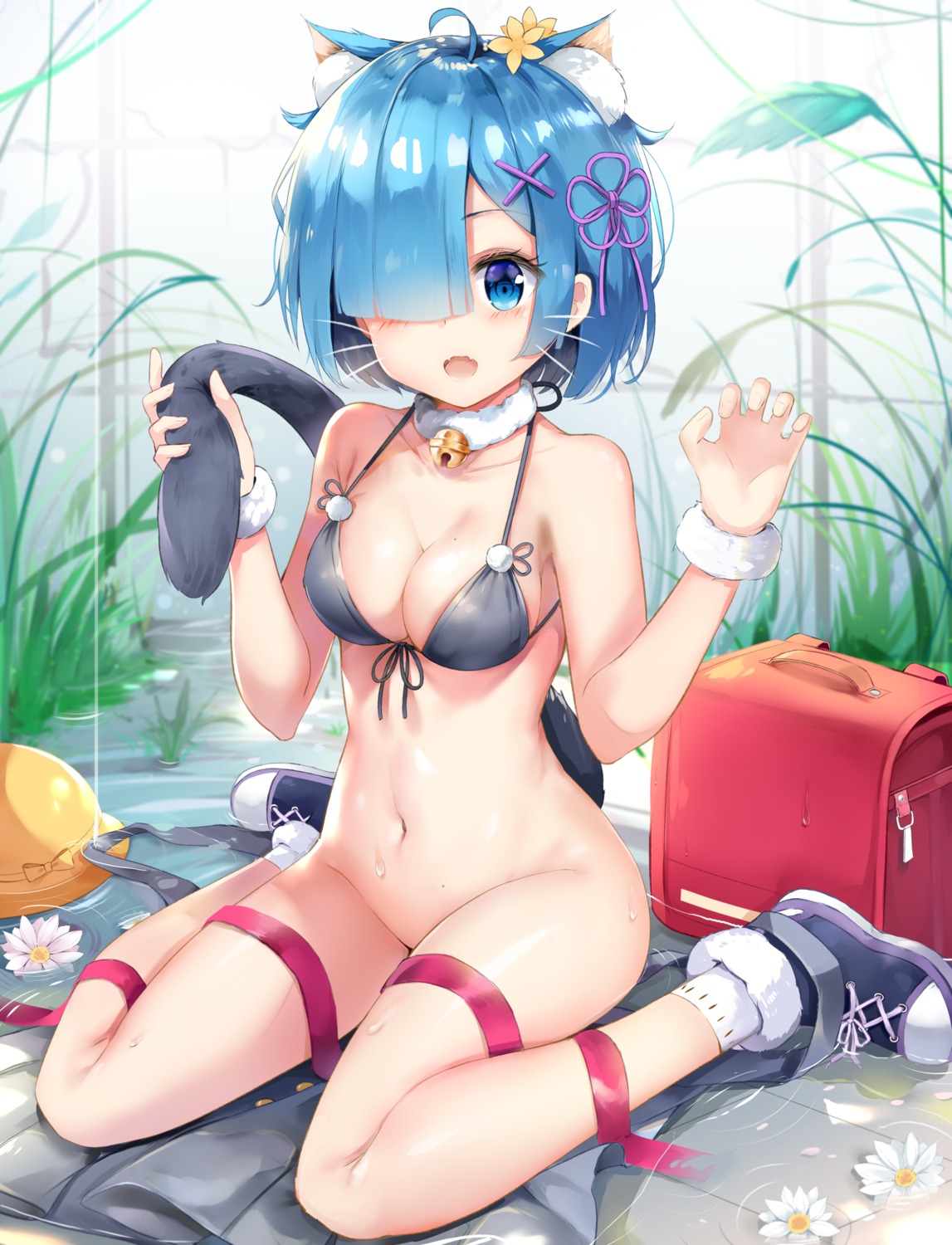 animal_ears bikini_top bottomless chintora0201 nekomimi re_zero_kara_hajimeru_isekai_seikatsu rem_(re_zero) swimsuits tail wet