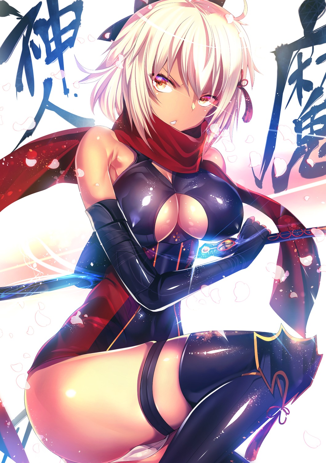 cameltoe erect_nipples fate/grand_order garter no_bra okita_souji_(alter)_(fate) pantsu silly sword thighhighs thong