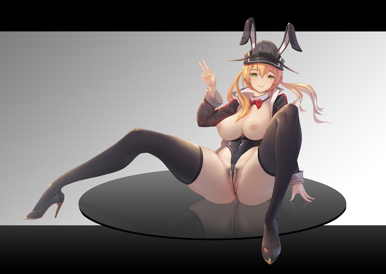 animal_ears breasts bunny_ears bunny_girl heels kantai_collection nipples no_bra nopan prinz_eugen_(kancolle) pubic_hair pussy thighhighs xionghan_de_guangtou