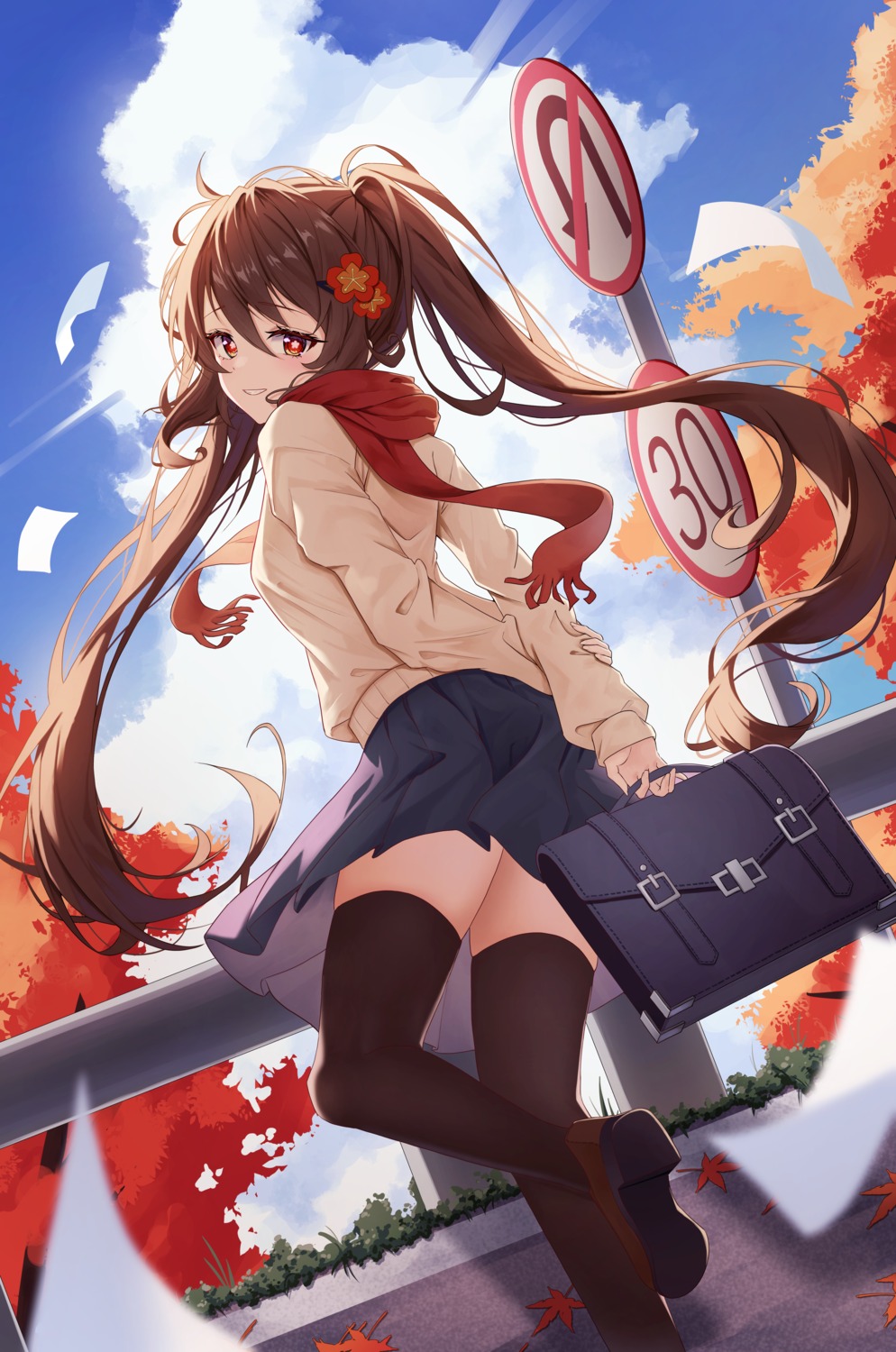 genshin_impact hu_tao monmo_mu seifuku skirt_lift sweater thighhighs