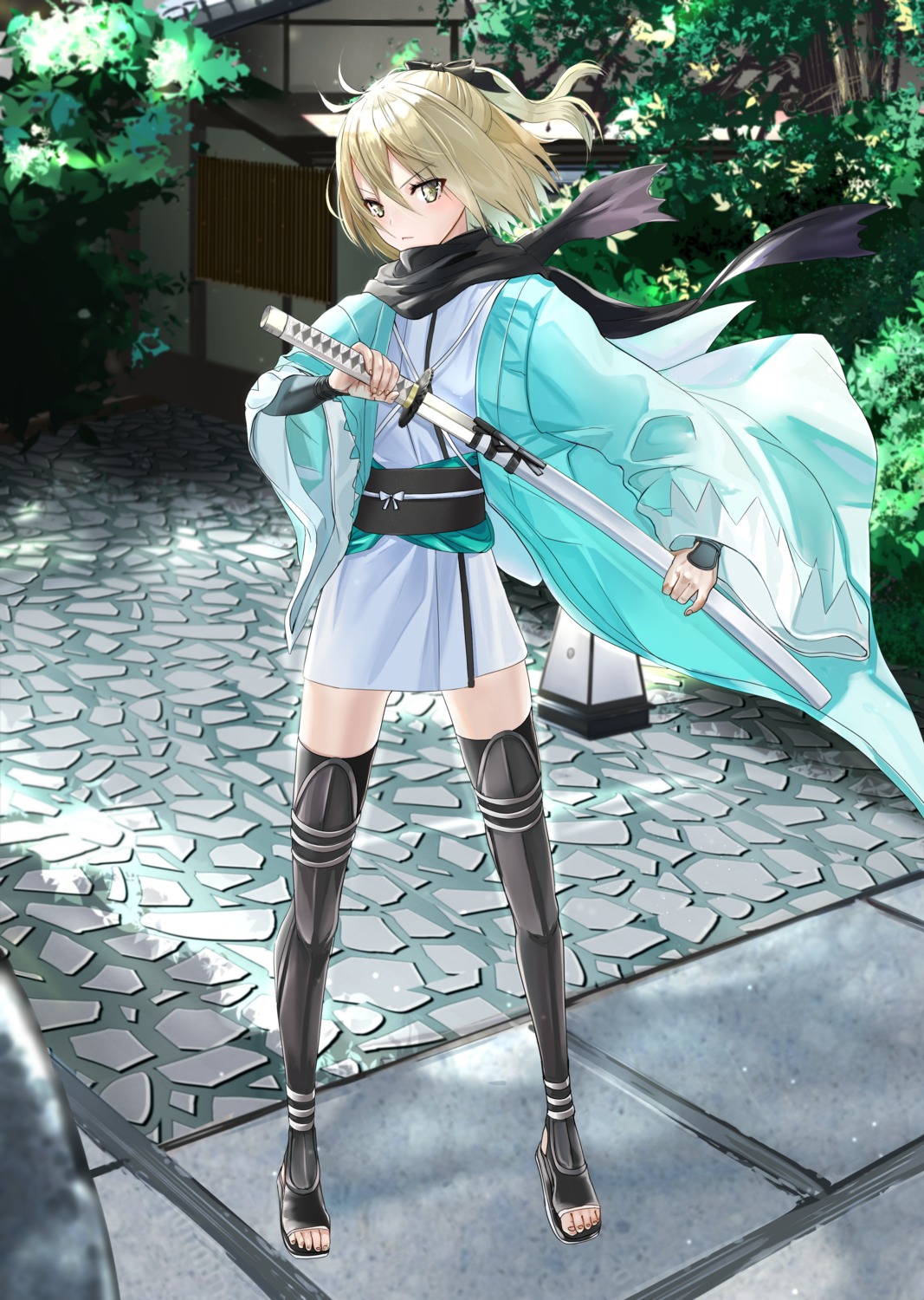 fate/grand_order japanese_clothes okita_souji_(fate) sakimaru sword thighhighs