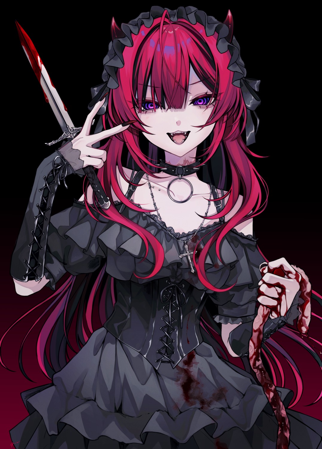 402_(o0_xxx) blood corset dress extreme_content gothic_lolita guro horns lolita_fashion weapon