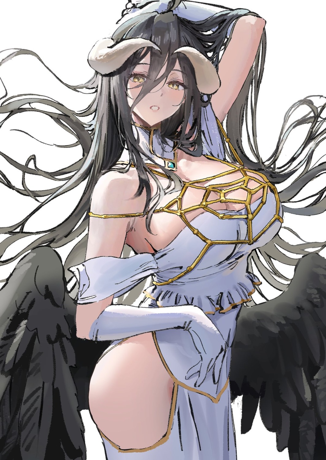 albedo_(overlord) ameyame cleavage devil dress horns no_bra overlord sketch wings