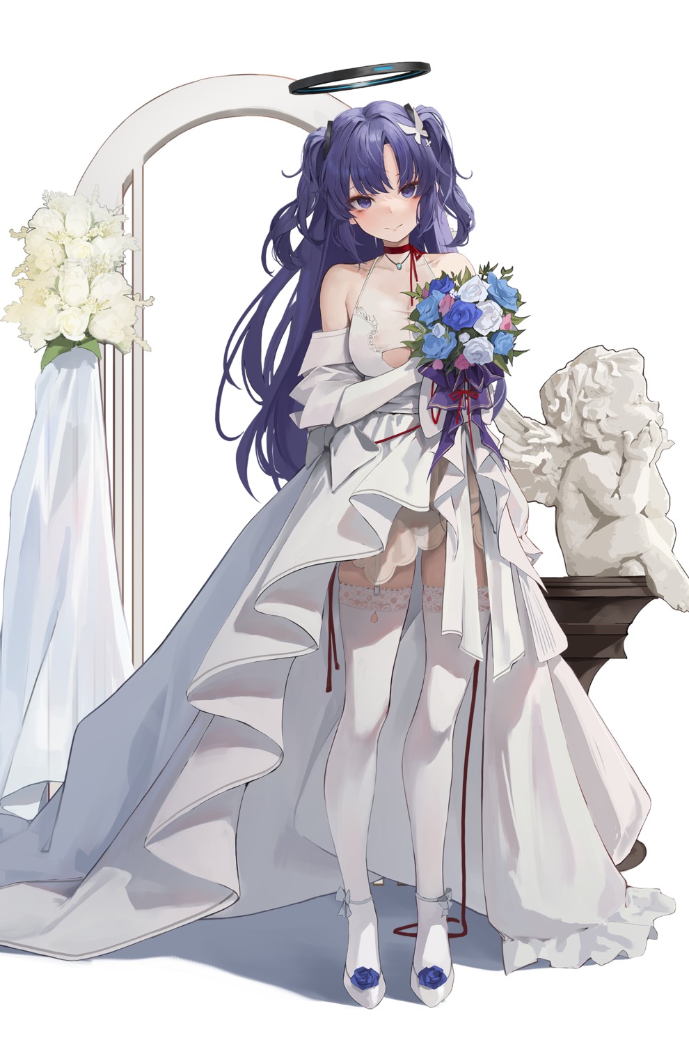 blue_archive dress halo hayase_yuuka heels hiki_niito no_bra pantsu see_through thighhighs wedding_dress