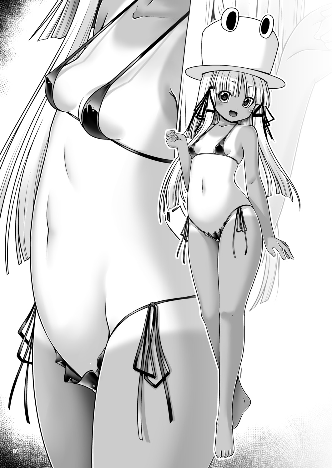 bikini erect_nipples loli monochrome moriya_suwako swimsuits tan_lines tomoki_tomonori touhou