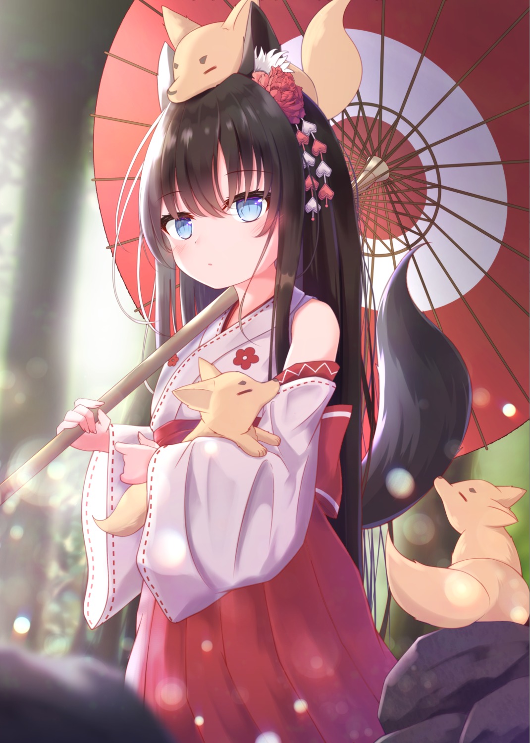 animal_ears kitsune miko rulu tail umbrella