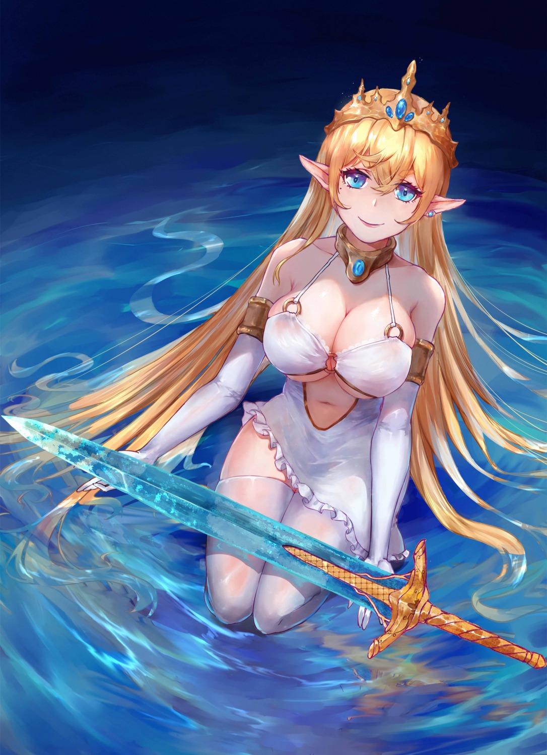 no_bra pointy_ears see_through sword thighhighs wet wet_clothes xue_yue_(zero)